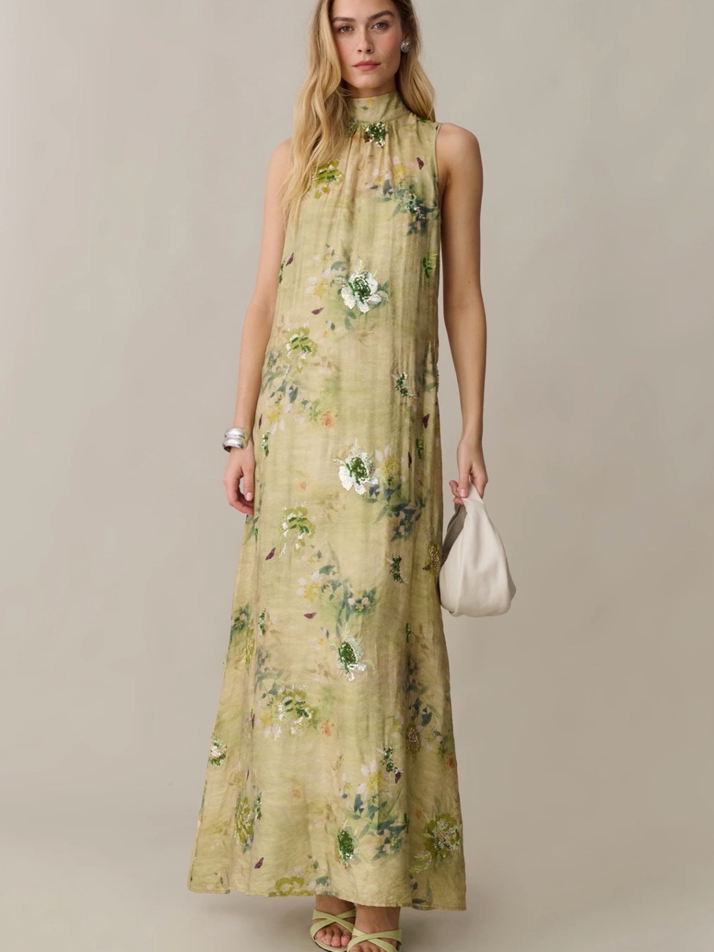 Sleeveless High-Neck Olive Floral Maxi Dress